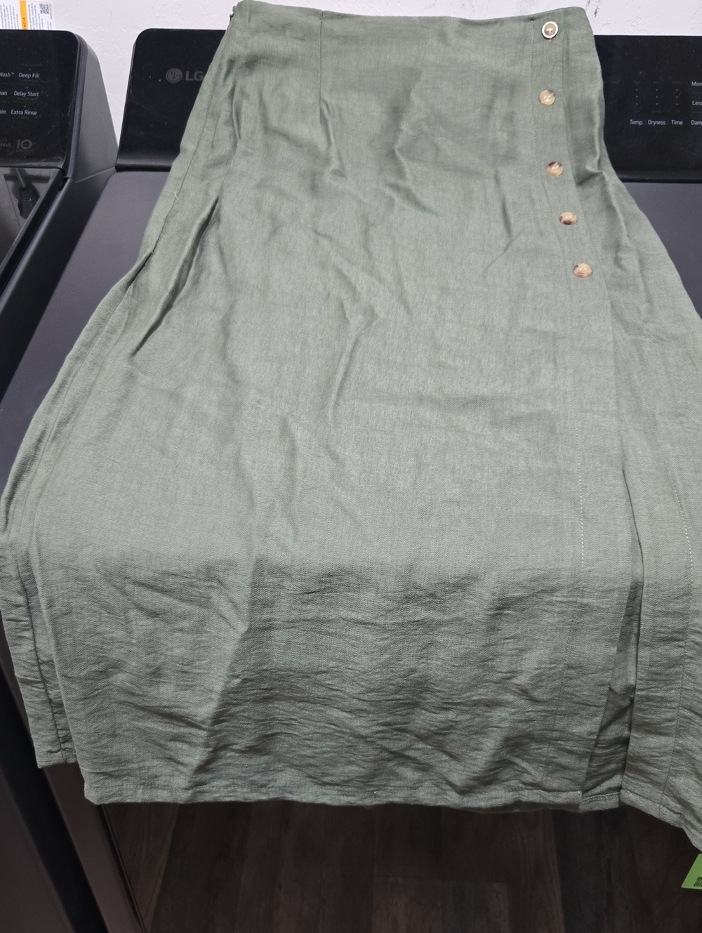 Paper Crane Olive Green Midi Skirt with Side Buttons